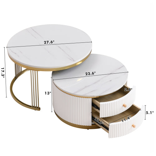 Modern 2-piece White Circular Nested Coffee Table With Drawers