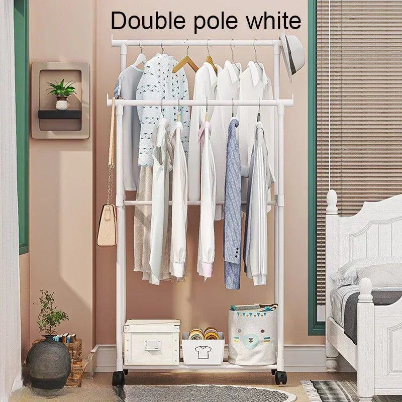 Portable Floor-Standing Double Clothes Rack & Shelf with Wheels