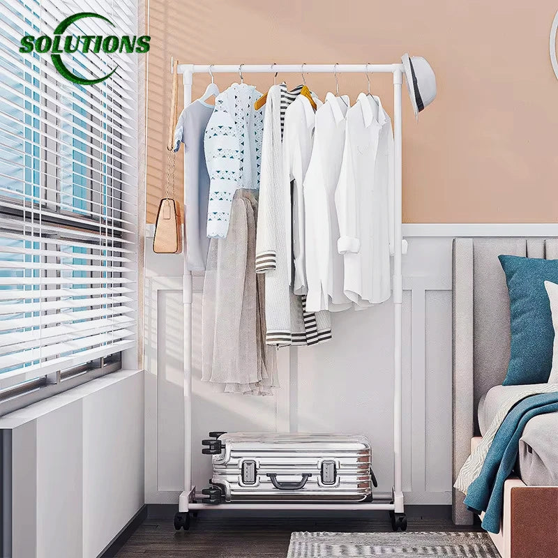 Portable Floor-Standing Double Clothes Rack & Shelf with Wheels