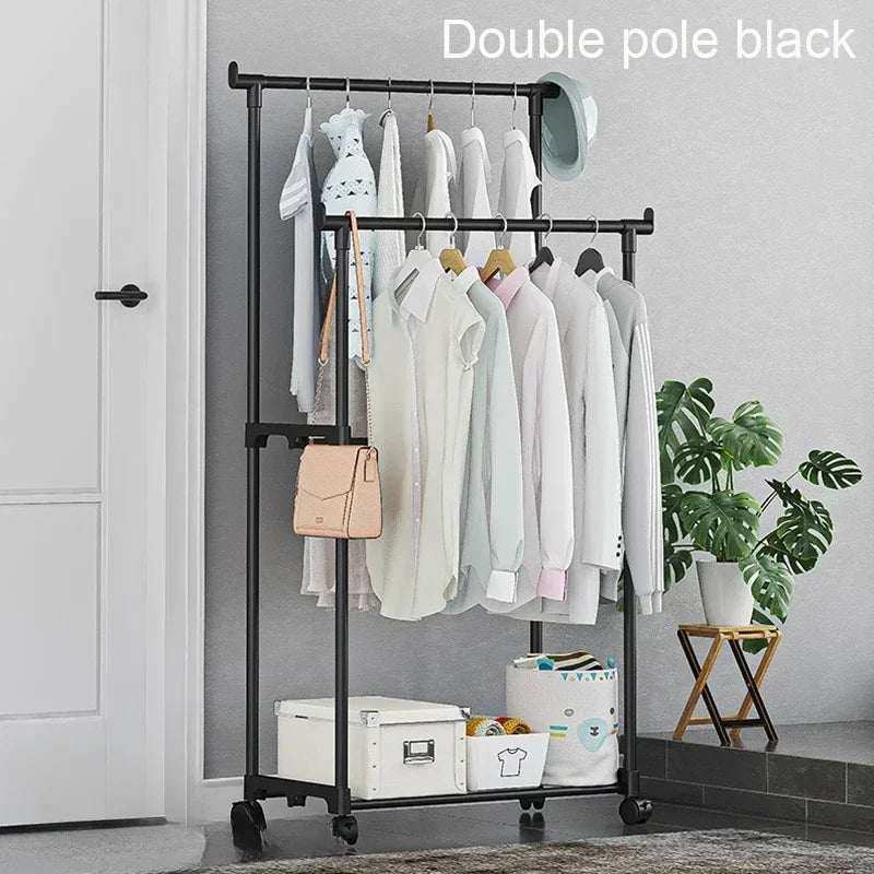 Portable Floor-Standing Double Clothes Rack & Shelf with Wheels