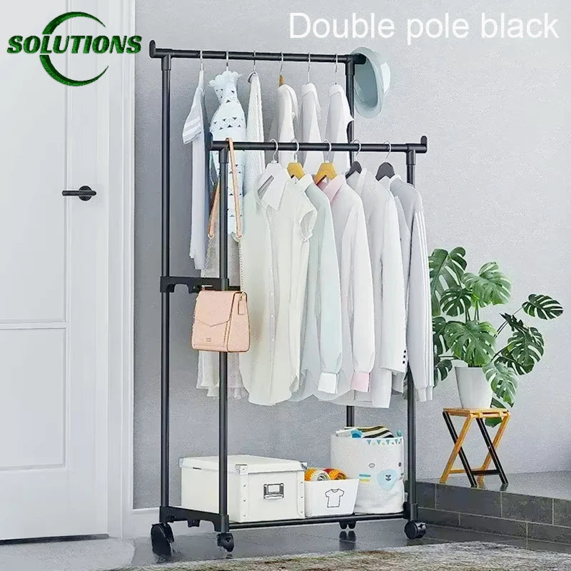 Portable Floor-Standing Double Clothes Rack & Shelf with Wheels