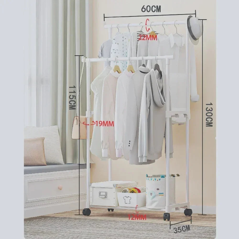 Portable Floor-Standing Double Clothes Rack & Shelf with Wheels