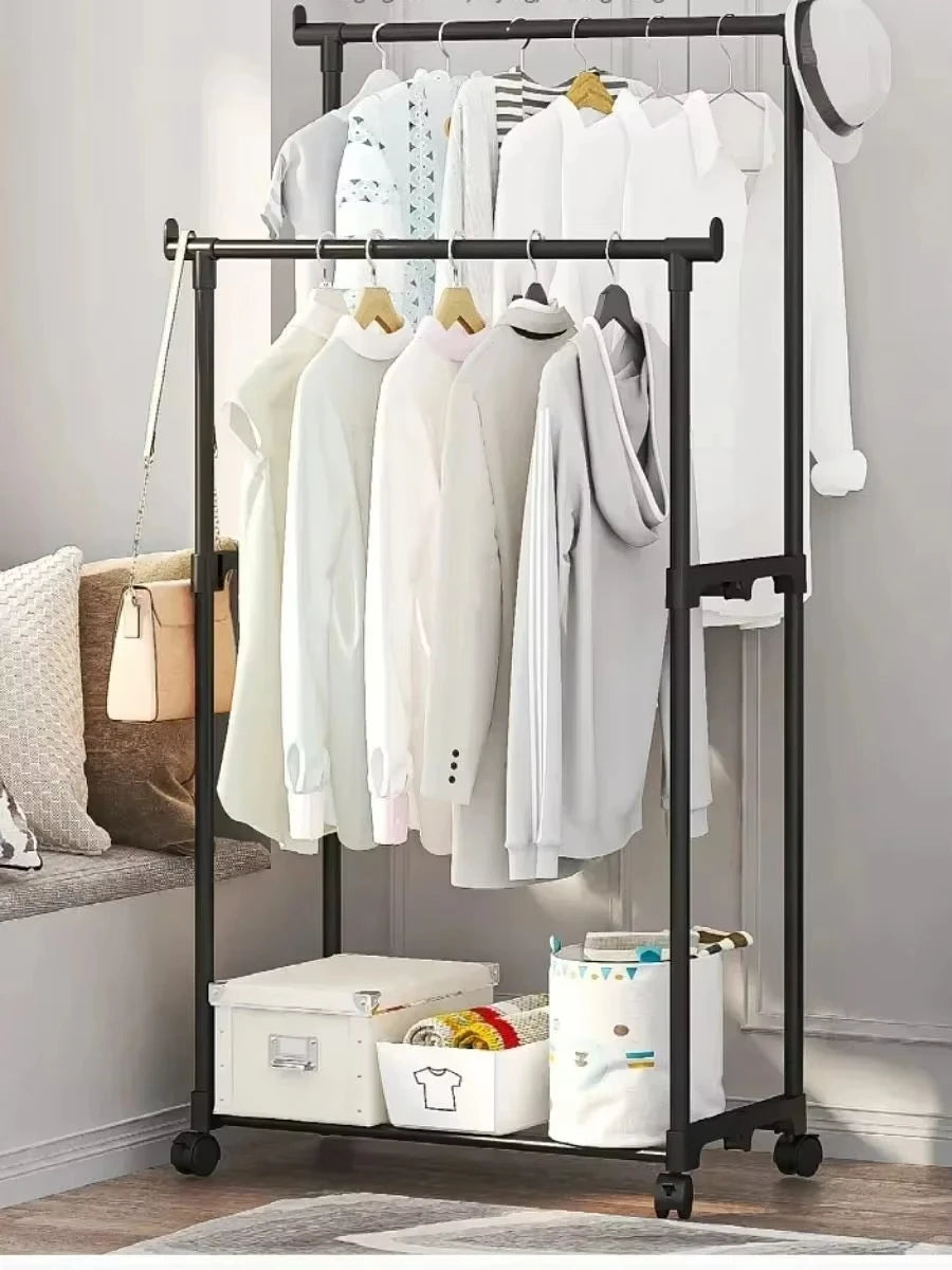 Portable Floor-Standing Double Clothes Rack & Shelf with Wheels