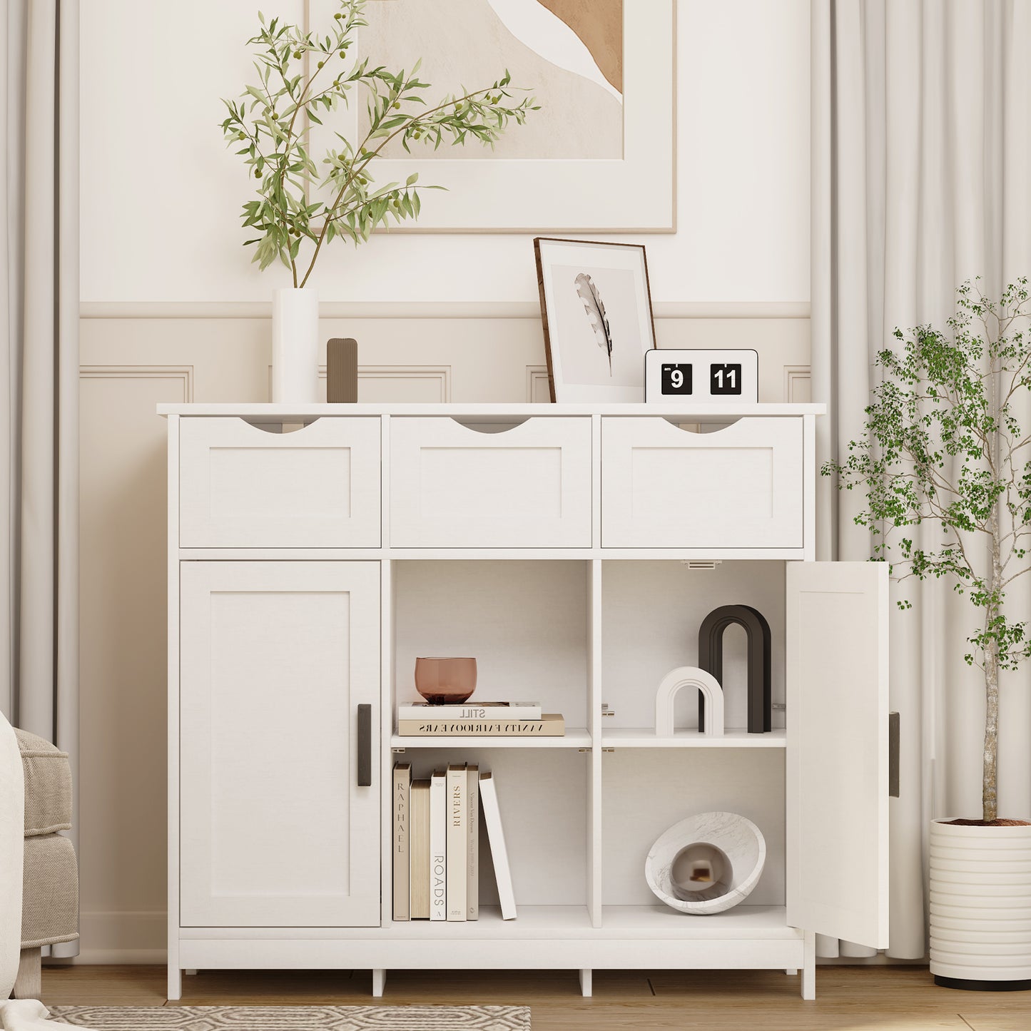 White Living Room Cabinet with Drawers & Shelves - Home Decor Furniture