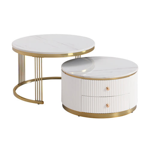 Modern 2-piece White Circular Nested Coffee Table With Drawers