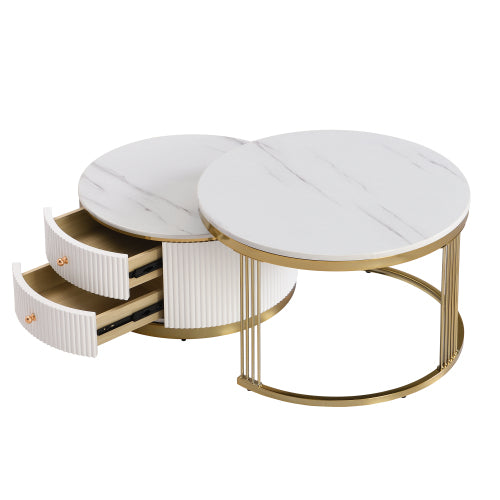 Modern 2-piece White Circular Nested Coffee Table With Drawers