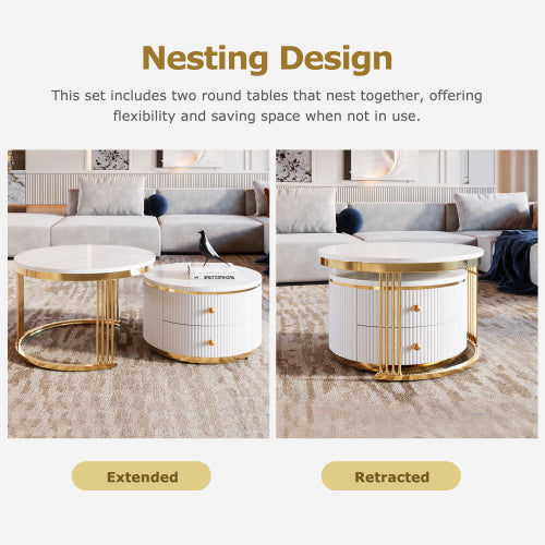 Modern 2-piece White Circular Nested Coffee Table With Drawers
